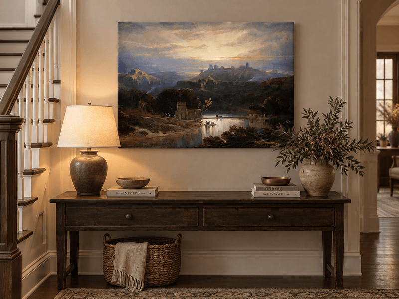 Peinture à l'huile de paysage - Gouffre rocheux spectaculaire avec personnages