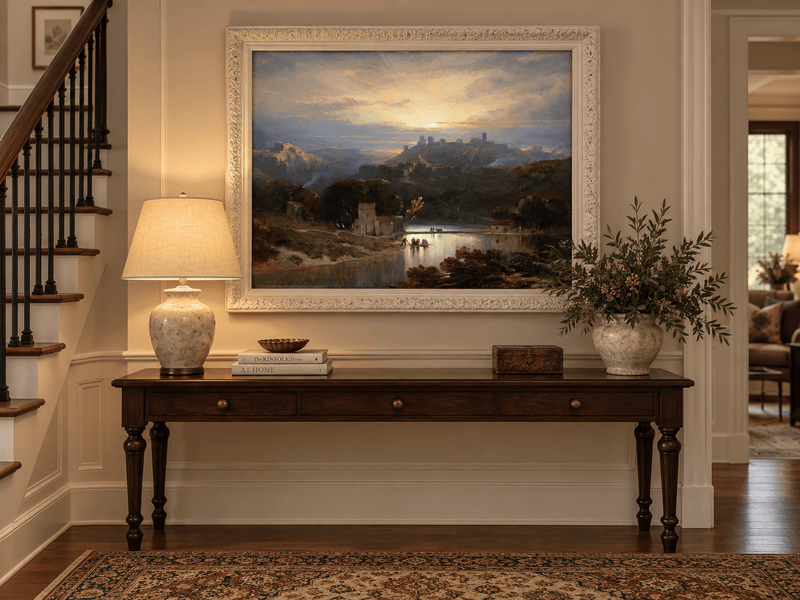 Peinture à l'huile de paysage - Gouffre rocheux spectaculaire avec personnages