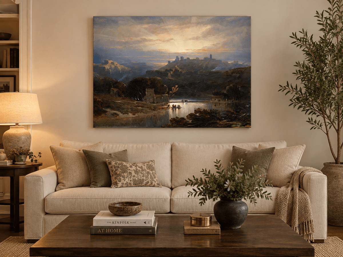 Peinture à l'huile de paysage - Gouffre rocheux spectaculaire avec personnages