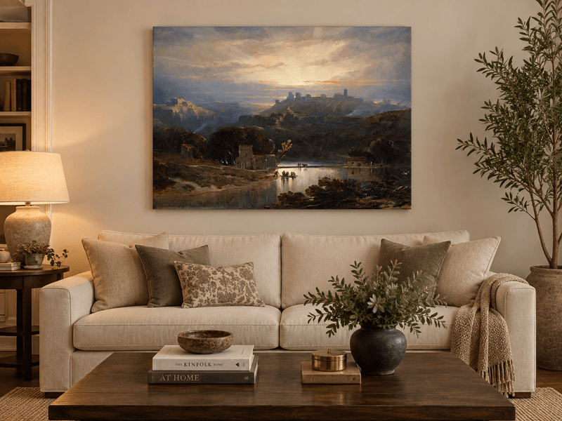 Peinture à l'huile de paysage - Gouffre rocheux spectaculaire avec personnages