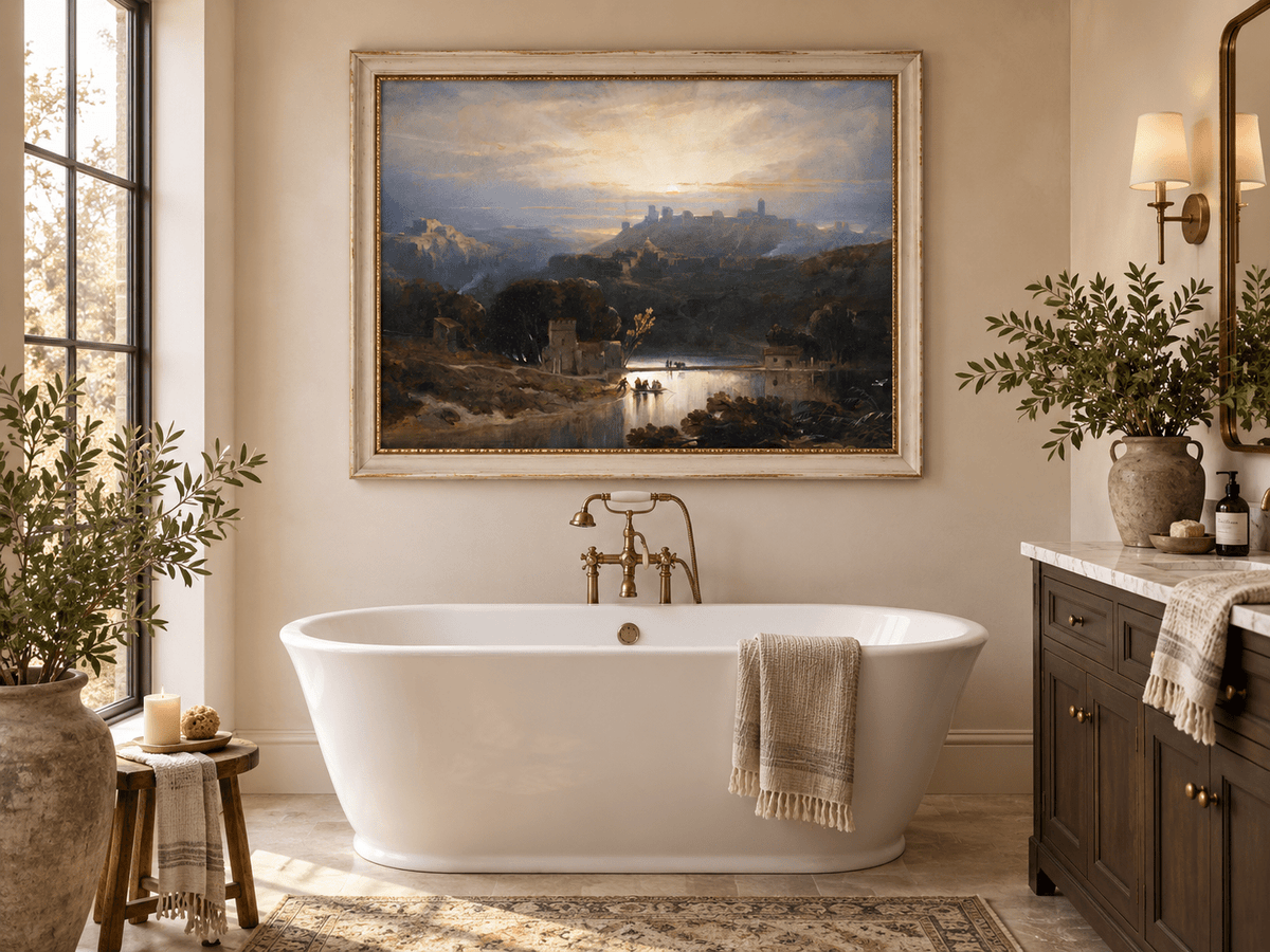 Peinture à l'huile de paysage - Gouffre rocheux spectaculaire avec personnages