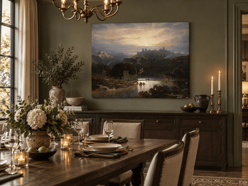 Peinture à l'huile de paysage - Gouffre rocheux spectaculaire avec personnages