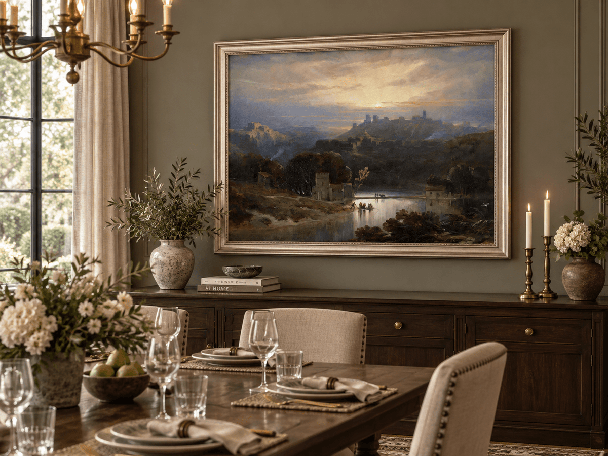 Peinture à l'huile de paysage - Gouffre rocheux spectaculaire avec personnages