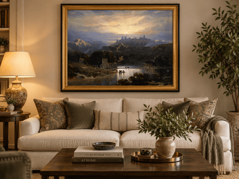 Peinture à l'huile de paysage - Gouffre rocheux spectaculaire avec personnages