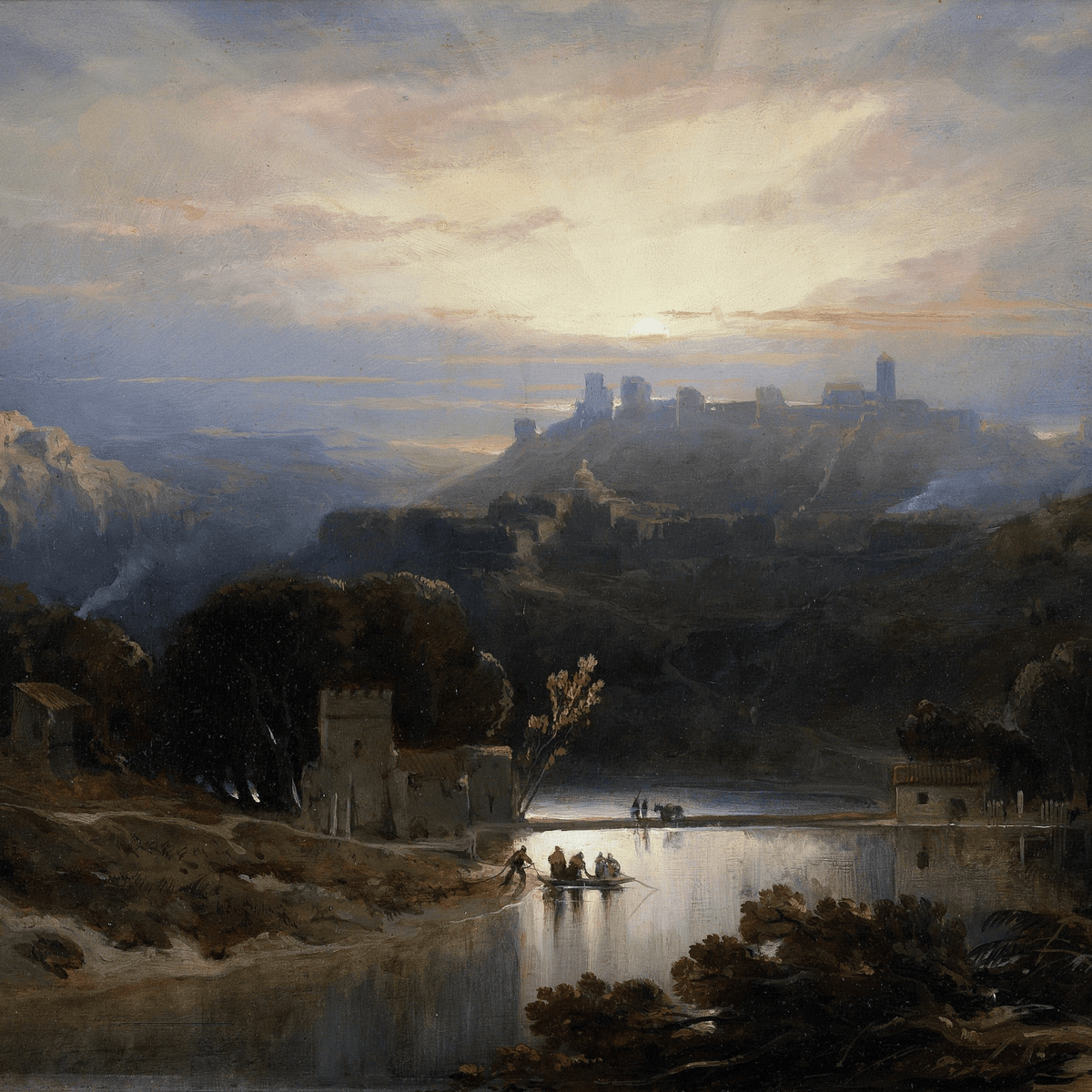 Hand-painted sunset castle and river town view landscape oil painting on canvas
