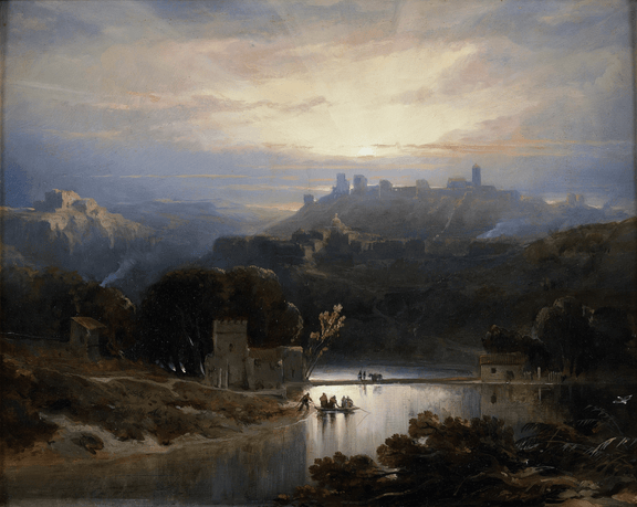 Hand-painted sunset castle and river town view landscape oil painting on canvas