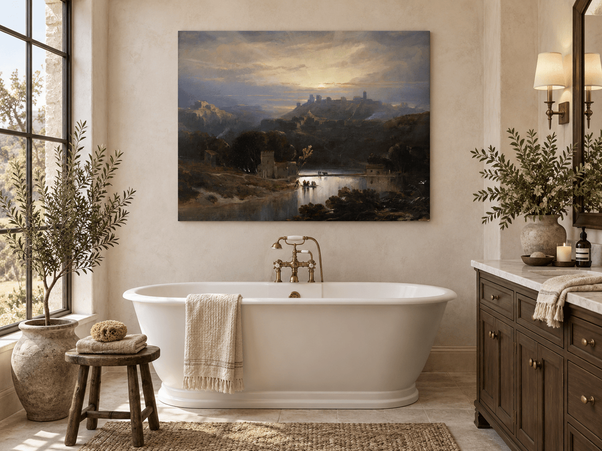 Peinture à l'huile de paysage - Gouffre rocheux spectaculaire avec personnages