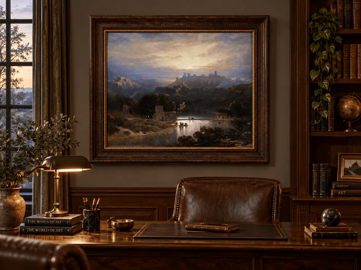 Peinture à l'huile de paysage - Gouffre rocheux spectaculaire avec personnages