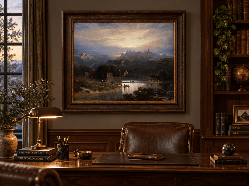 Peinture à l'huile de paysage - Gouffre rocheux spectaculaire avec personnages