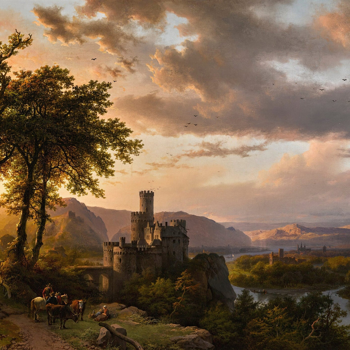 Landscape Oil Painting - Sunset Castle in a Mountain River Valley - Oil Painting Haven