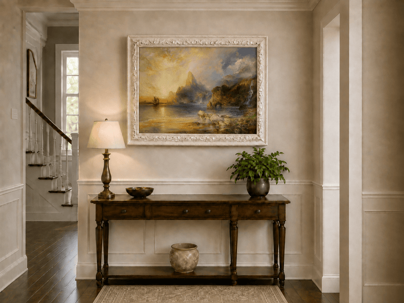 Landscape Oil Painting - Sunset Coastal Cliffs and Sailing Ship