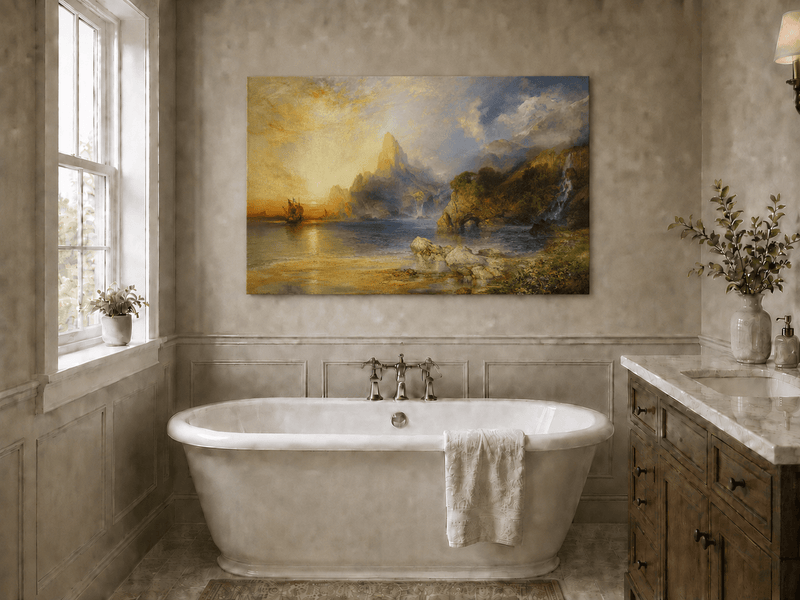 Landscape Oil Painting - Sunset Coastal Cliffs and Sailing Ship