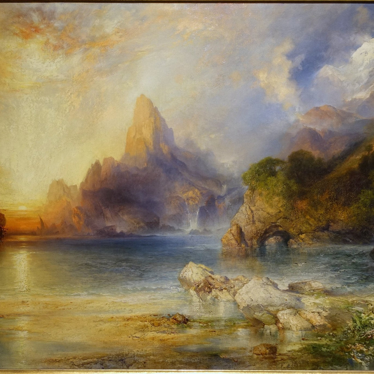 Landscape Oil Painting - Sunset Coastal Cliffs and Sailing Ship - Oil Painting Haven