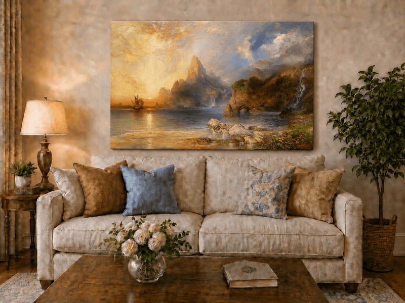 Landscape Oil Painting - Sunset Coastal Cliffs and Sailing Ship