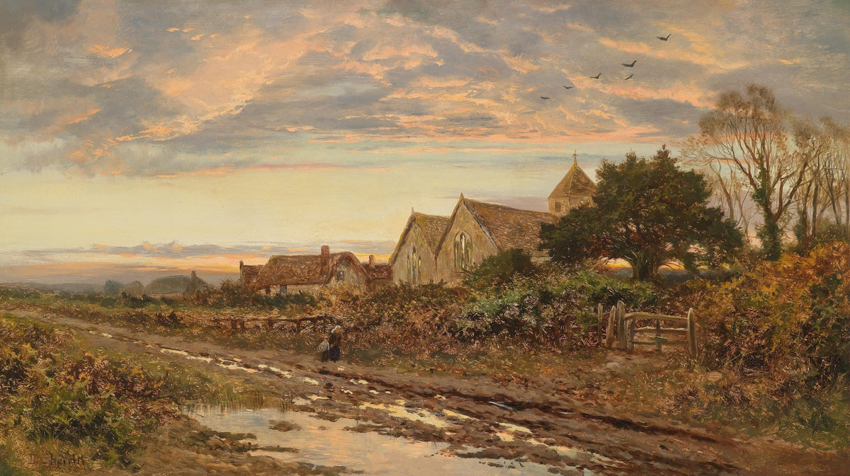 Hand-painted sunset country church and rustic lane landscape oil painting on canvas