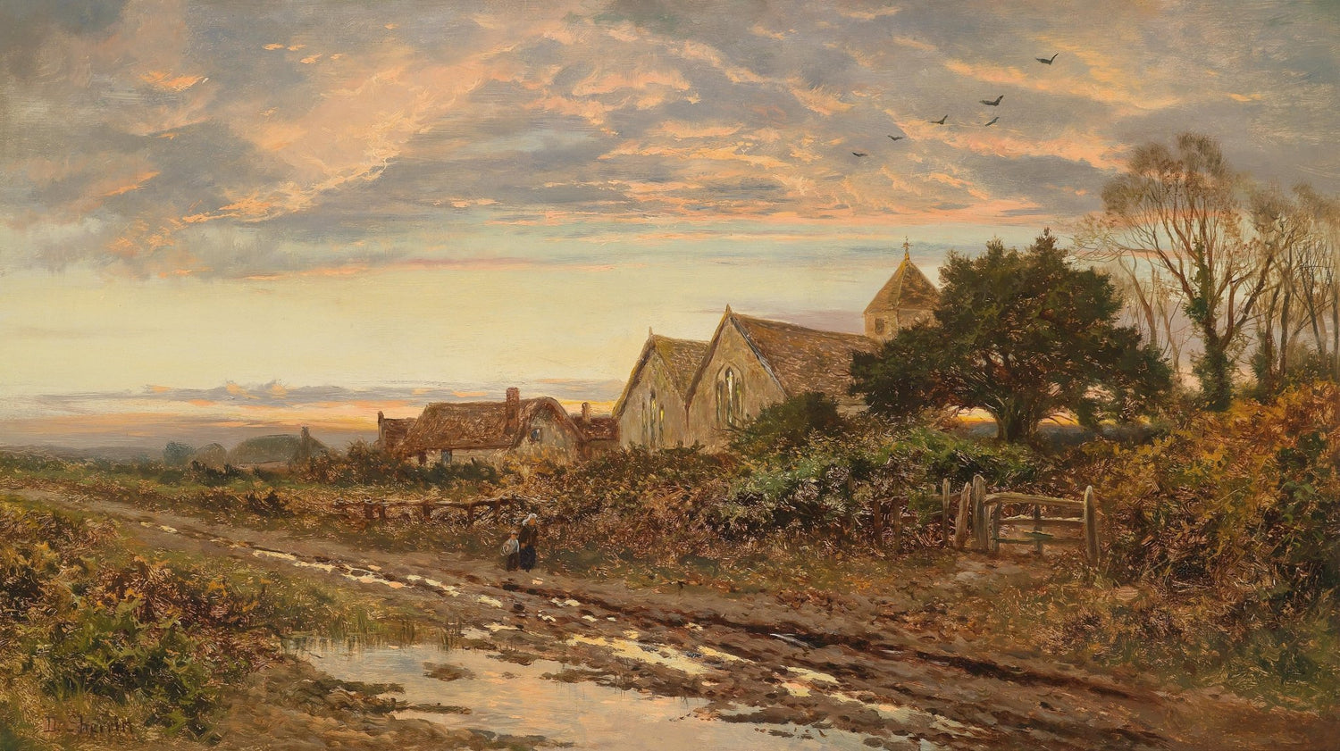 Hand-painted sunset country church and rustic lane landscape oil painting on canvas