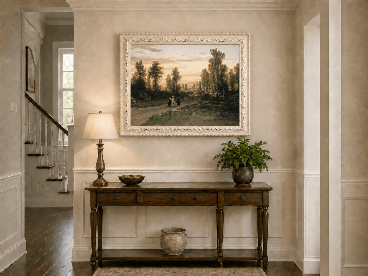 Landscape Oil Painting - Sunset Country Road with Birch Trees