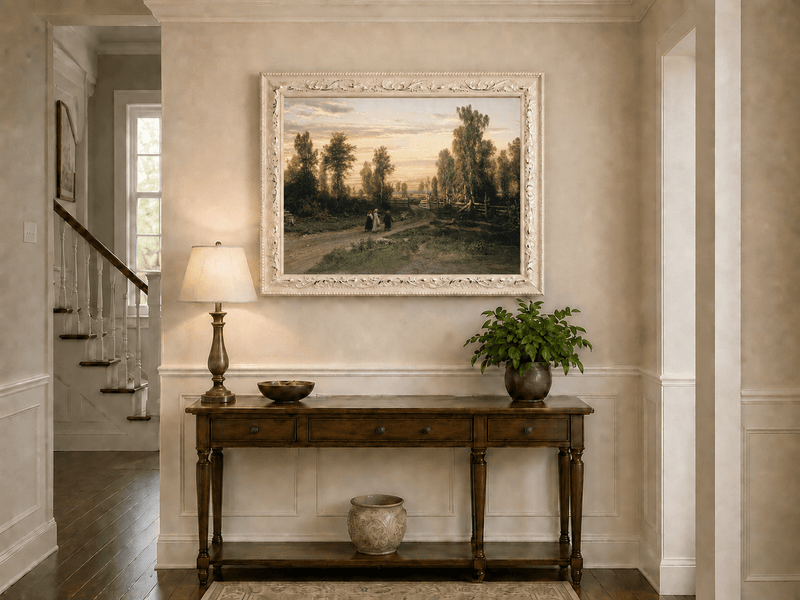 Landscape Oil Painting - Sunset Country Road with Birch Trees