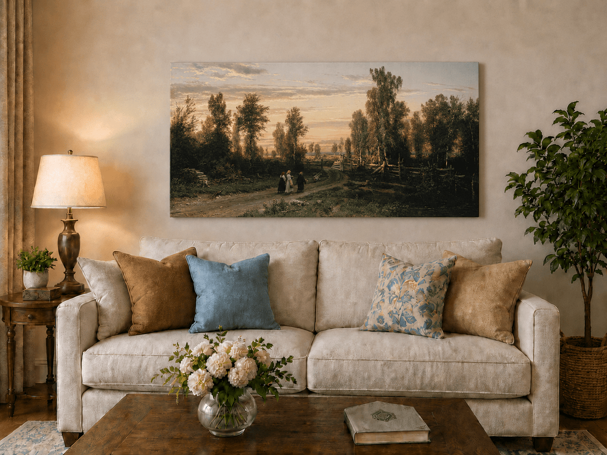 Landscape Oil Painting - Sunset Country Road with Birch Trees
