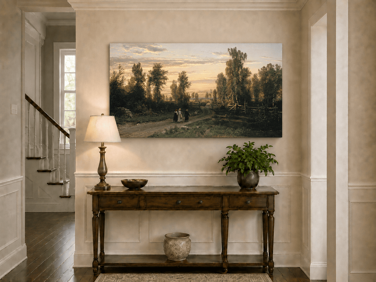 Landscape Oil Painting - Sunset Country Road with Birch Trees