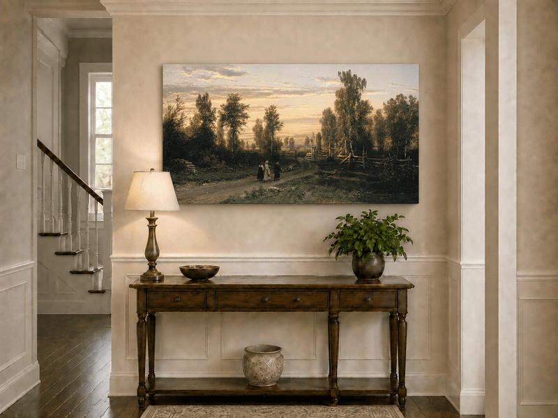 Landscape Oil Painting - Sunset Country Road with Birch Trees