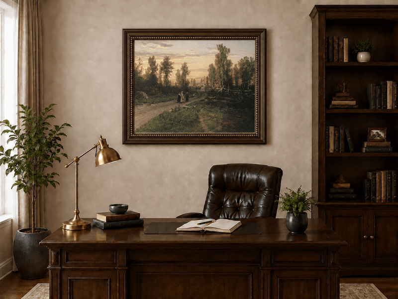 Landscape Oil Painting - Sunset Country Road with Birch Trees