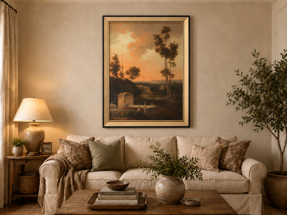 Hand-painted Sunset Courtyard with Tall Trees landscape oil painting displayed as wall art in a styled interior