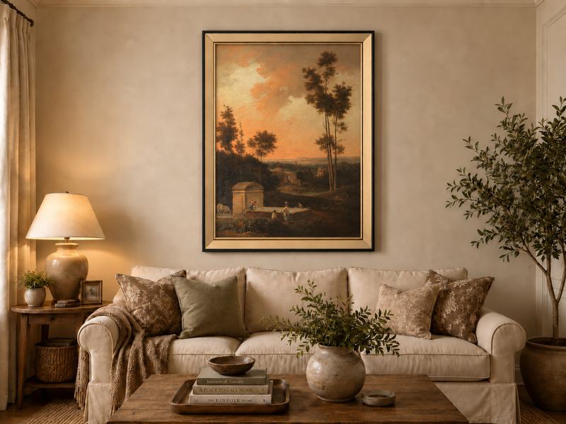 Hand-painted Sunset Courtyard with Tall Trees landscape oil painting displayed as wall art in a styled interior