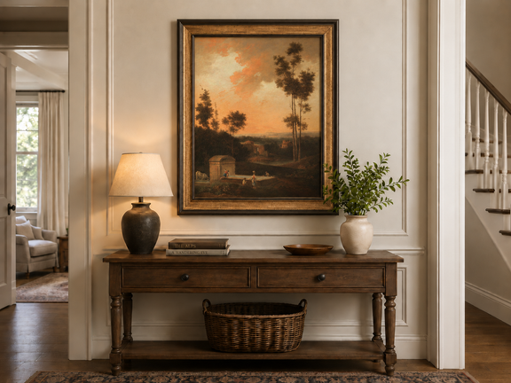 Hand-painted Sunset Courtyard with Tall Trees landscape oil painting displayed as wall art in a styled interior