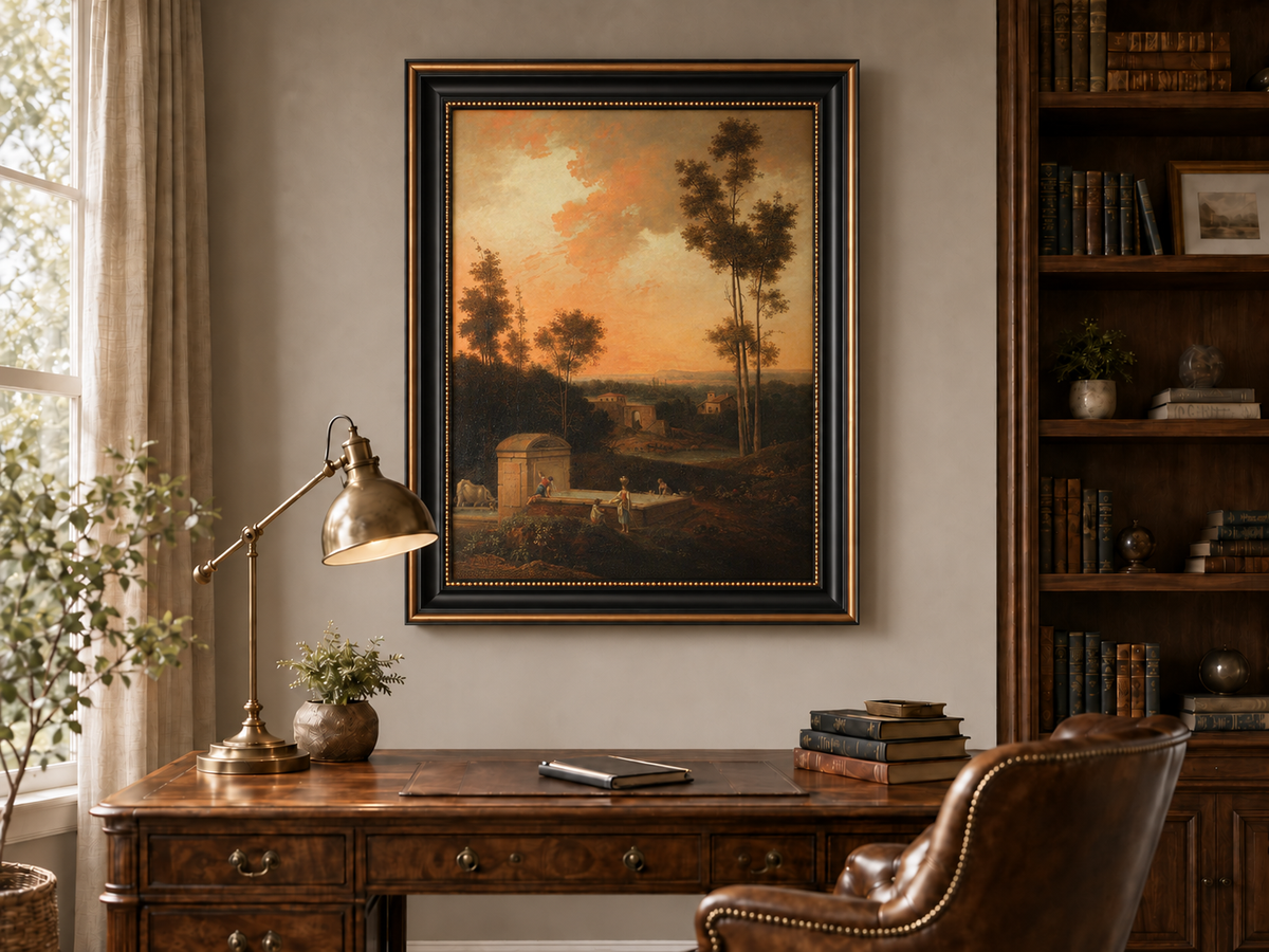 Hand-painted Sunset Courtyard with Tall Trees landscape oil painting displayed as wall art in a styled interior
