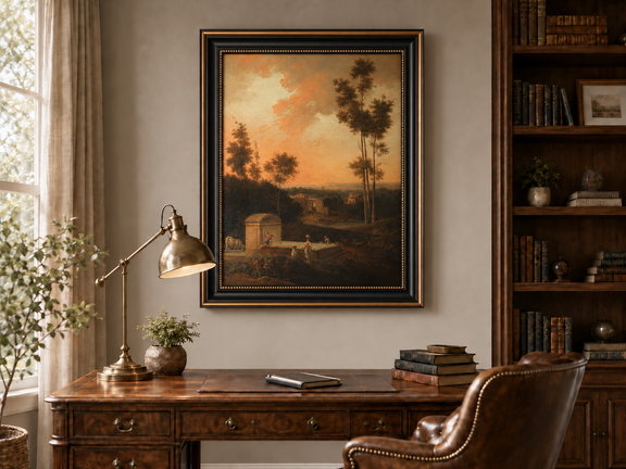 Hand-painted Sunset Courtyard with Tall Trees landscape oil painting displayed as wall art in a styled interior