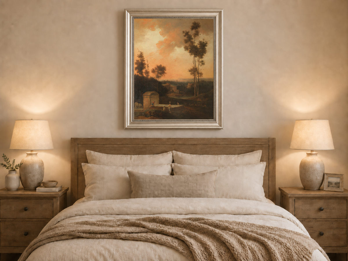 Hand-painted Sunset Courtyard with Tall Trees landscape oil painting displayed as wall art in a styled interior