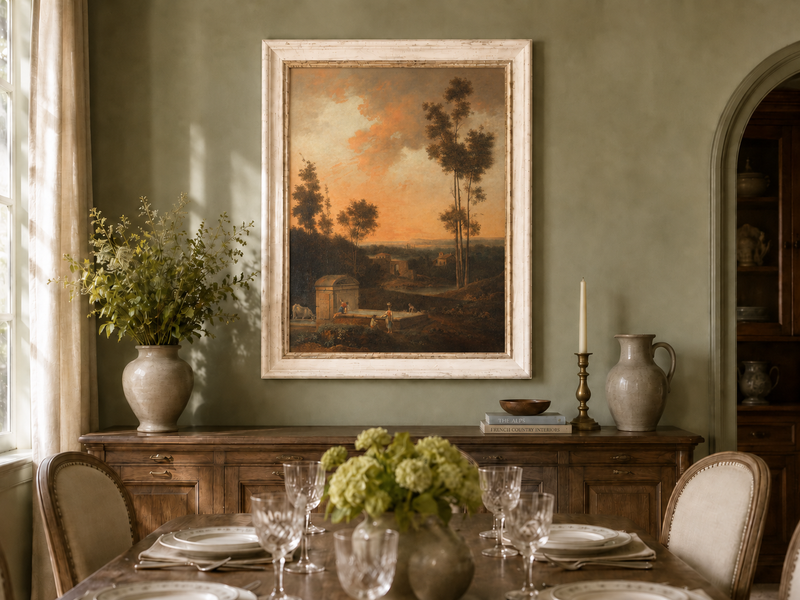 Hand-painted Sunset Courtyard with Tall Trees landscape oil painting displayed as wall art in a styled interior