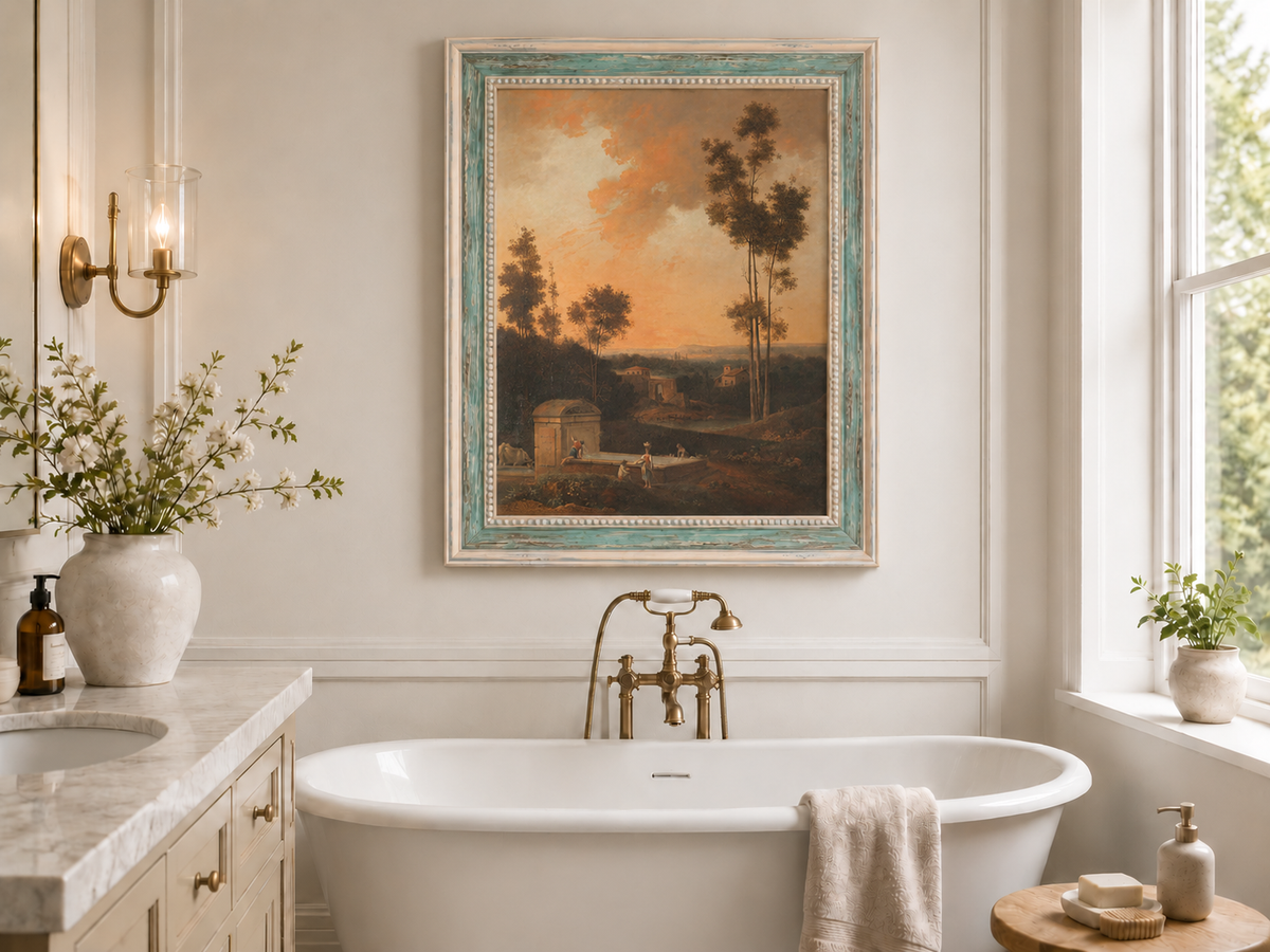 Hand-painted Sunset Courtyard with Tall Trees landscape oil painting displayed as wall art in a styled interior