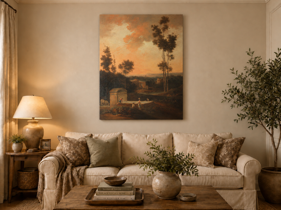 Hand-painted Sunset Courtyard with Tall Trees landscape oil painting displayed as wall art in a styled interior