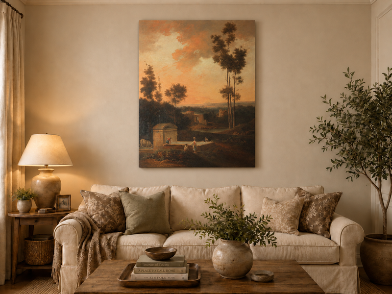 Hand-painted Sunset Courtyard with Tall Trees landscape oil painting displayed as wall art in a styled interior