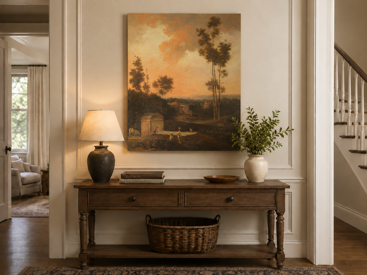 Hand-painted Sunset Courtyard with Tall Trees landscape oil painting displayed as wall art in a styled interior