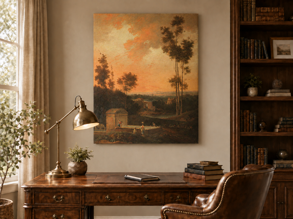 Hand-painted Sunset Courtyard with Tall Trees landscape oil painting displayed as wall art in a styled interior