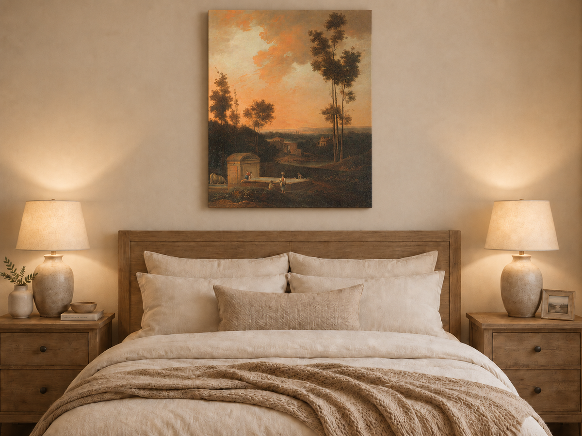 Hand-painted Sunset Courtyard with Tall Trees landscape oil painting displayed as wall art in a styled interior