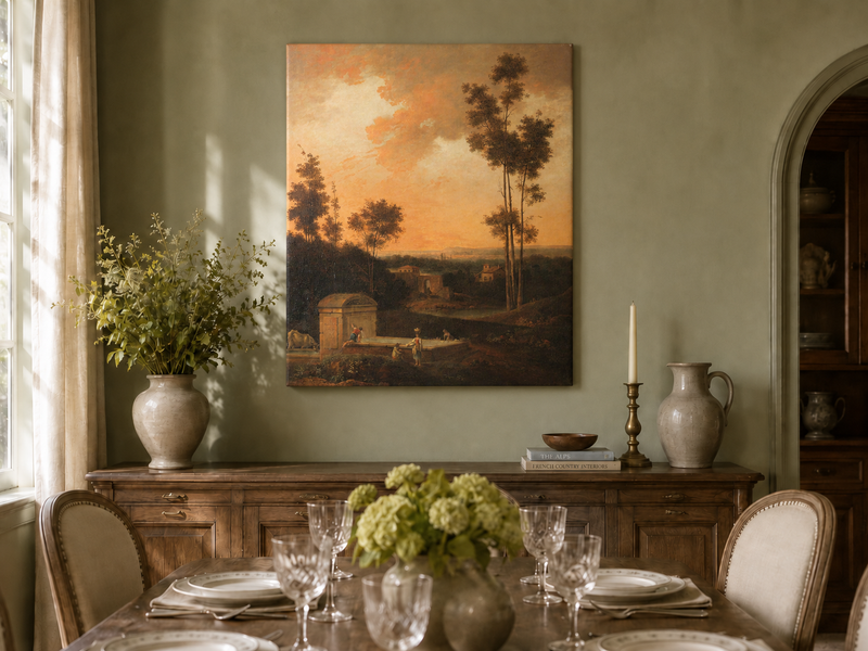Hand-painted Sunset Courtyard with Tall Trees landscape oil painting displayed as wall art in a styled interior