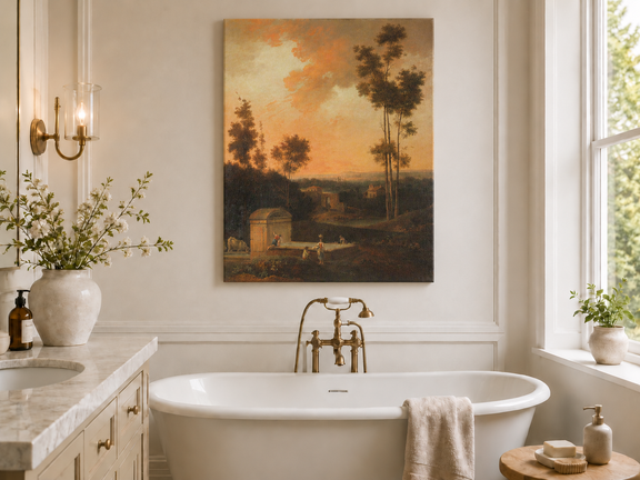 Hand-painted Sunset Courtyard with Tall Trees landscape oil painting displayed as wall art in a styled interior