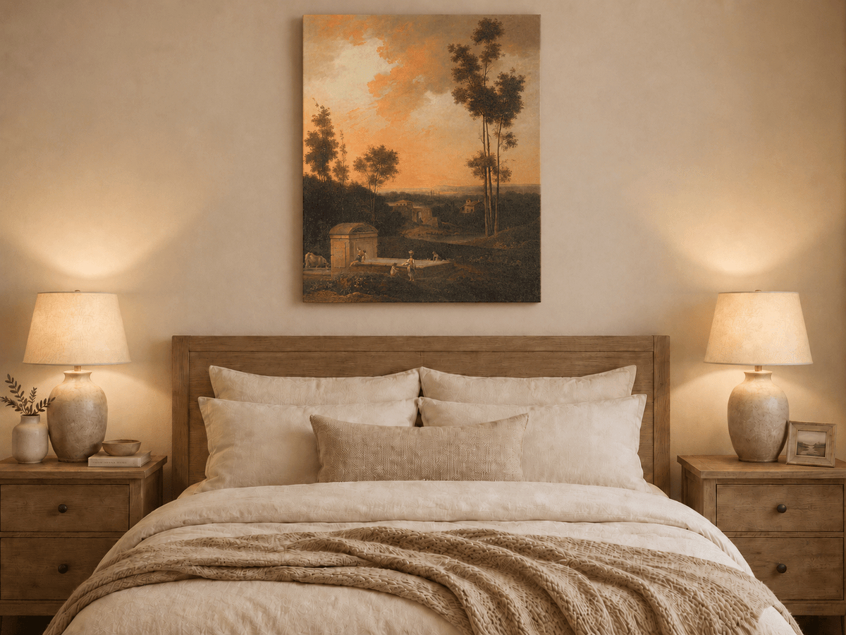 Hand-painted Sunset Courtyard with Tall Trees landscape oil painting displayed as wall art in a styled interior