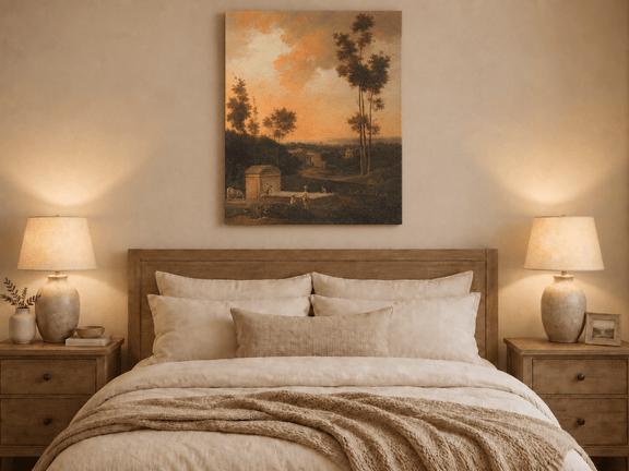 Hand-painted Sunset Courtyard with Tall Trees landscape oil painting displayed as wall art in a styled interior