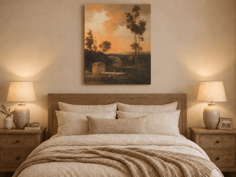 Hand-painted Sunset Courtyard with Tall Trees landscape oil painting displayed as wall art in a styled interior