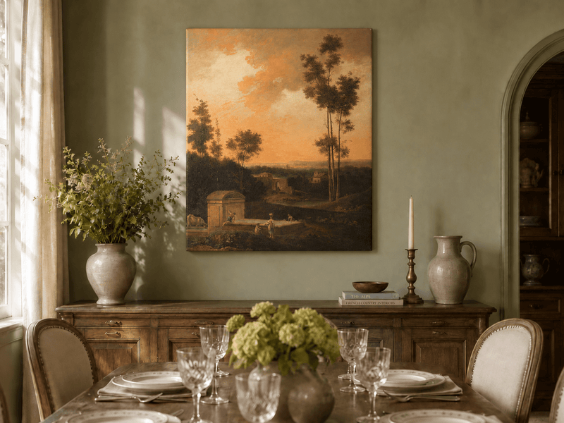 Hand-painted Sunset Courtyard with Tall Trees landscape oil painting displayed as wall art in a styled interior