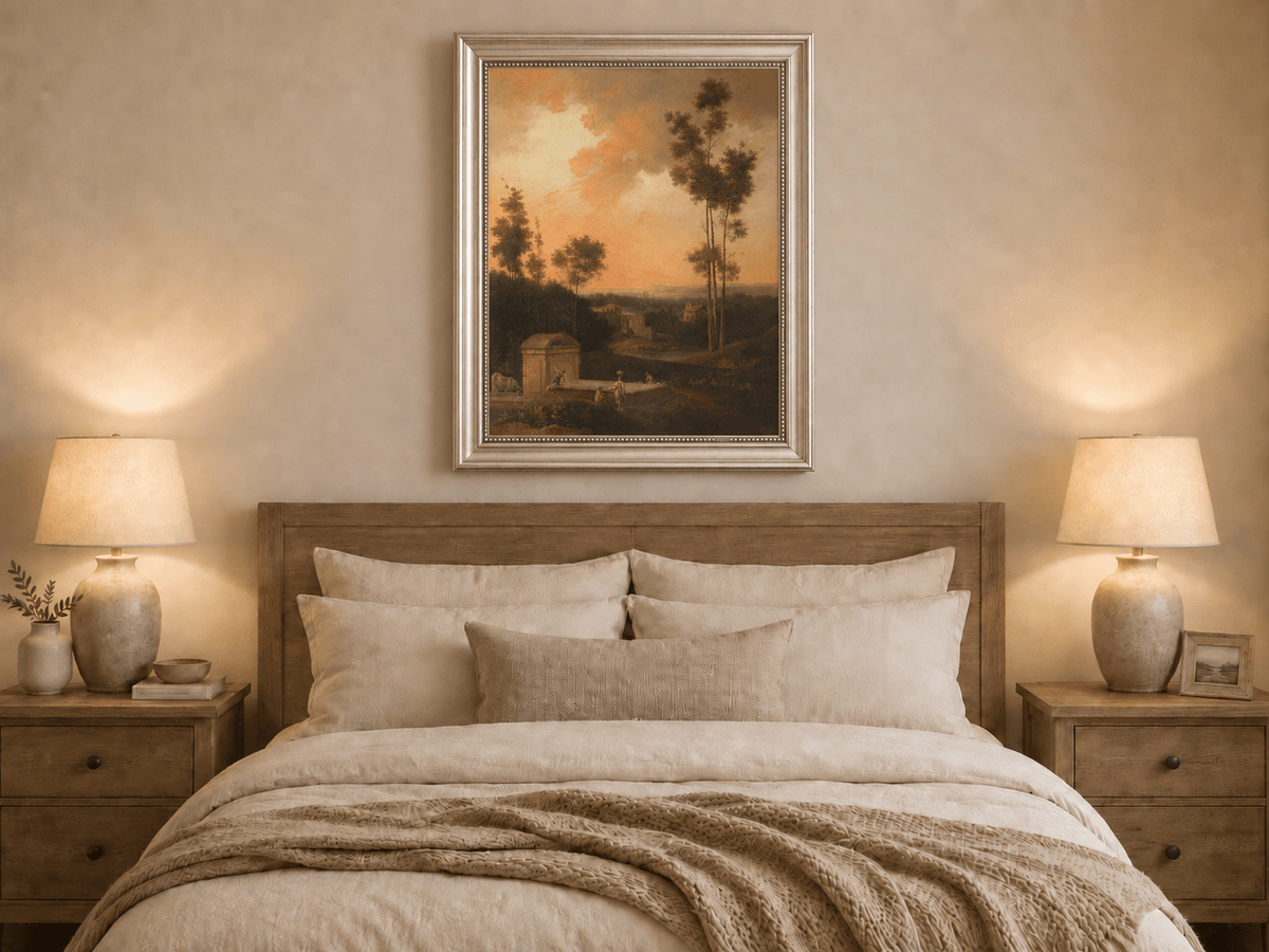 Hand-painted Sunset Courtyard with Tall Trees landscape oil painting displayed as wall art in a styled interior