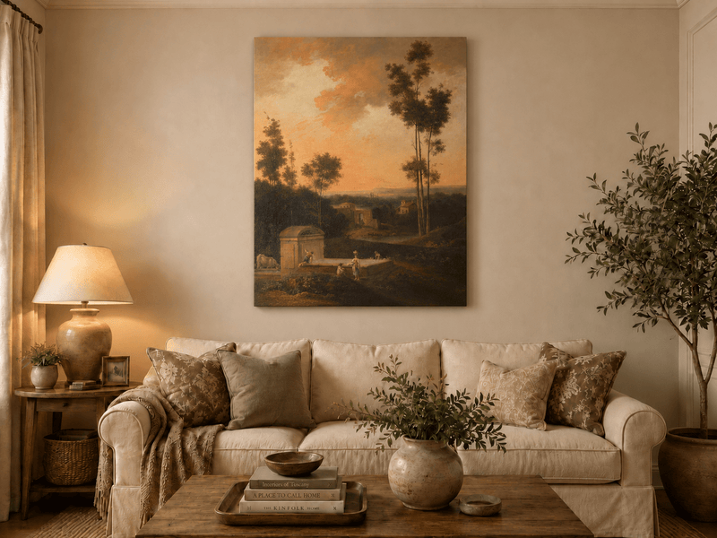 Hand-painted Sunset Courtyard with Tall Trees landscape oil painting displayed as wall art in a styled interior