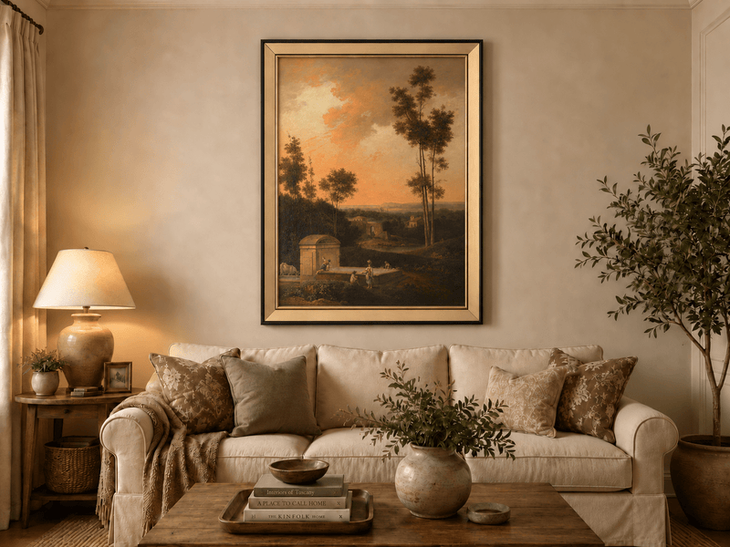 Hand-painted Sunset Courtyard with Tall Trees landscape oil painting displayed as wall art in a styled interior