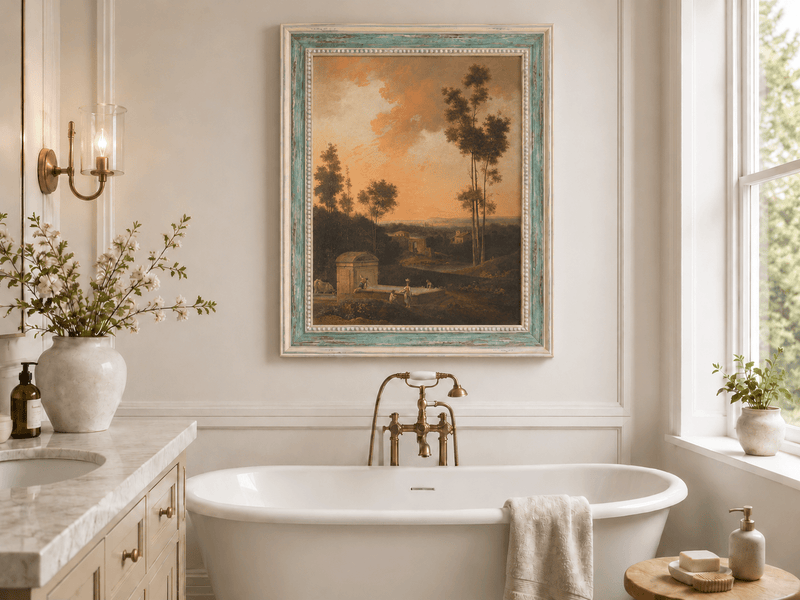 Hand-painted Sunset Courtyard with Tall Trees landscape oil painting displayed as wall art in a styled interior