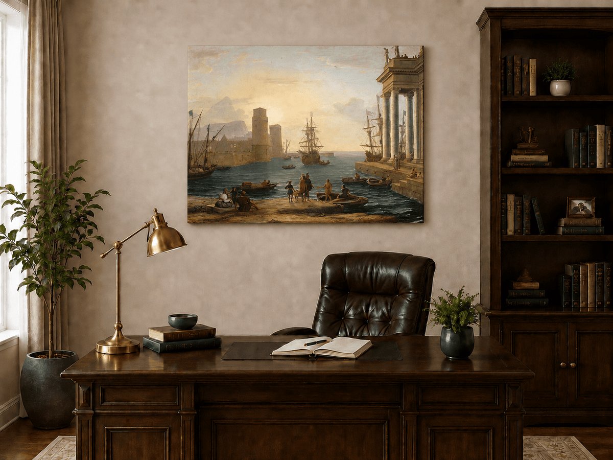 Landscape Oil Painting - Sunset Glow Classical Port & Fortified